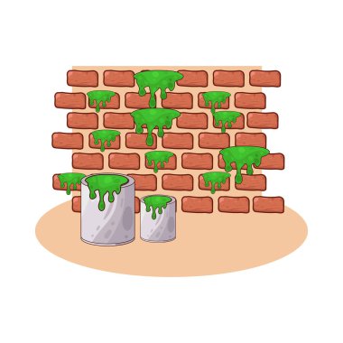 Duvarın önüne yerleştirilmiş bir boya kovası, yenilenmeyi, duvar boyamasını ya da ev dekorasyonunu temsil ediyor..