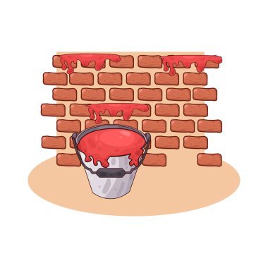 Duvarın önüne yerleştirilmiş bir boya kovası, yenilenmeyi, duvar boyamasını ya da ev dekorasyonunu temsil ediyor..