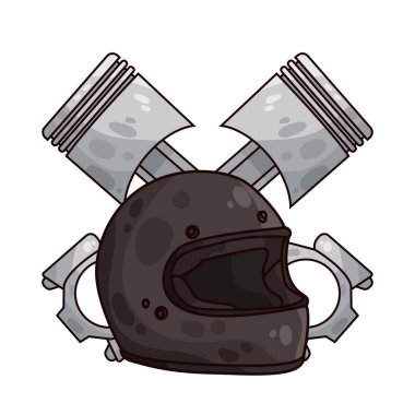 Pistonlu bir motosiklet kaskı, sürücü güvenliği ve motor performansı temalarını harmanlıyor. Piston motorun mekanik kalbini sembolize ederken miğfer korunmayı ve yola hazır olmayı simgeler.. 