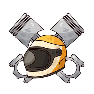 Pistonlu bir motosiklet kaskı, sürücü güvenliği ve motor performansı temalarını harmanlıyor. Piston motorun mekanik kalbini sembolize ederken miğfer korunmayı ve yola hazır olmayı simgeler.. 