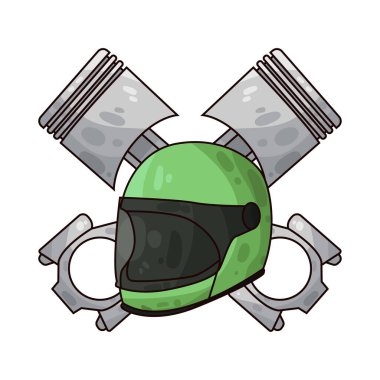 Pistonlu bir motosiklet kaskı, sürücü güvenliği ve motor performansı temalarını harmanlıyor. Piston motorun mekanik kalbini sembolize ederken miğfer korunmayı ve yola hazır olmayı simgeler.. 