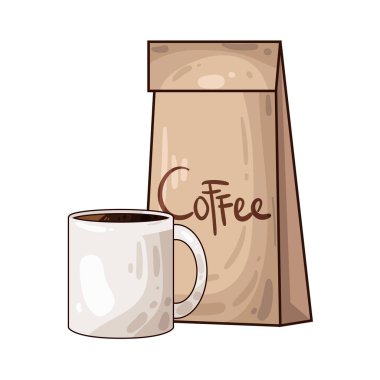 Kahve poşetinin yanına yerleştirilmiş kahve fincanı paketli fasulye veya öğütülmüş taze kahveyi sembolize ediyor..