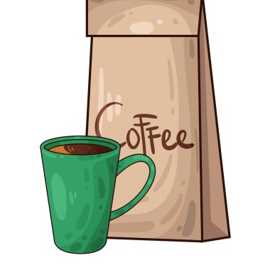 Kahve poşetinin yanına yerleştirilmiş kahve fincanı paketli fasulye veya öğütülmüş taze kahveyi sembolize ediyor..