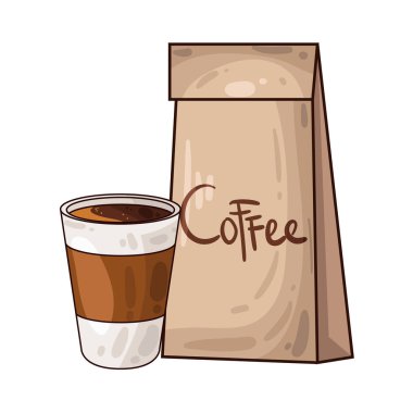 Kahve poşetinin yanına yerleştirilmiş kahve fincanı paketli fasulye veya öğütülmüş taze kahveyi sembolize ediyor..