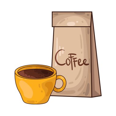 Kahve poşetinin yanına yerleştirilmiş kahve fincanı paketli fasulye veya öğütülmüş taze kahveyi sembolize ediyor..