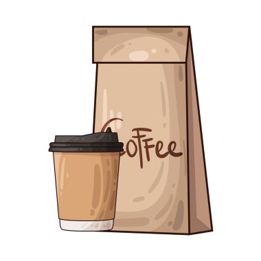 Kahve poşetinin yanına yerleştirilmiş kahve fincanı paketli fasulye veya öğütülmüş taze kahveyi sembolize ediyor..