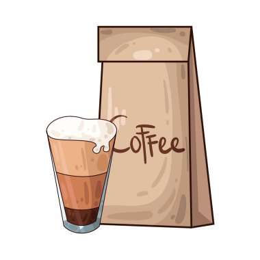 Kahve poşetinin yanına yerleştirilmiş kahve fincanı paketli fasulye veya öğütülmüş taze kahveyi sembolize ediyor..