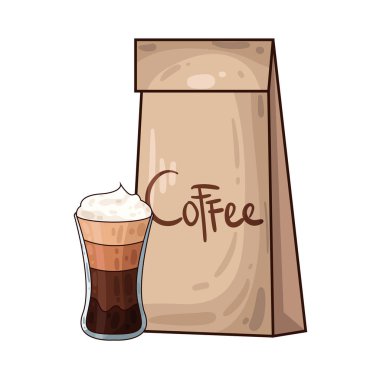 Kahve poşetinin yanına yerleştirilmiş kahve fincanı paketli fasulye veya öğütülmüş taze kahveyi sembolize ediyor..