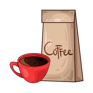 Kahve poşetinin yanına yerleştirilmiş kahve fincanı paketli fasulye veya öğütülmüş taze kahveyi sembolize ediyor..