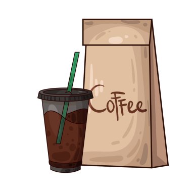 Kahve poşetinin yanına yerleştirilmiş kahve fincanı paketli fasulye veya öğütülmüş taze kahveyi sembolize ediyor..