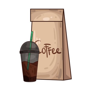 Kahve poşetinin yanına yerleştirilmiş kahve fincanı paketli fasulye veya öğütülmüş taze kahveyi sembolize ediyor..