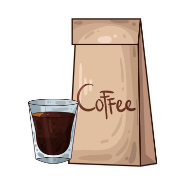 Kahve poşetinin yanına yerleştirilmiş kahve fincanı paketli fasulye veya öğütülmüş taze kahveyi sembolize ediyor..