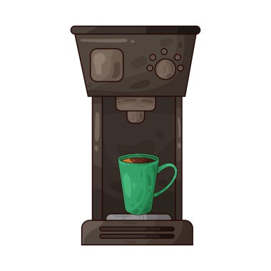 Taze kahve demlemek için tasarlanmış bir kahve makinesi. Kutunun altına sürahi ya da bardak konmuş modern bir yapı..