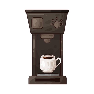 Taze kahve demlemek için tasarlanmış bir kahve makinesi. Kutunun altına sürahi ya da bardak konmuş modern bir yapı..