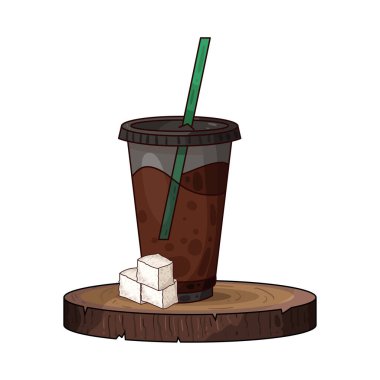 Buz küpleri ve soğuk kahveyle dolu şeffaf plastik bir fincanda servis edilen ferahlatıcı bir buzlu kahve..