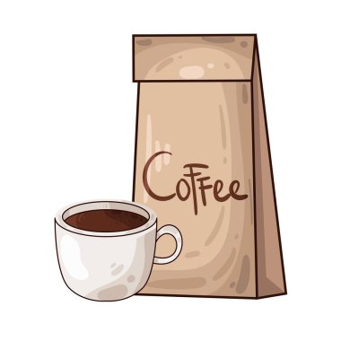 Kahve poşetinin yanına yerleştirilmiş kahve fincanı paketli fasulye veya öğütülmüş taze kahveyi sembolize ediyor..