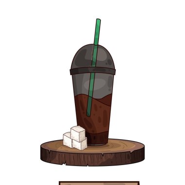 Buz küpleri ve soğuk kahveyle dolu şeffaf plastik bir fincanda servis edilen ferahlatıcı bir buzlu kahve..