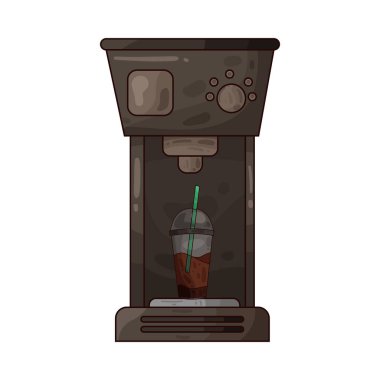 Taze kahve demlemek için tasarlanmış bir kahve makinesi. Kutunun altına sürahi ya da bardak konmuş modern bir yapı..