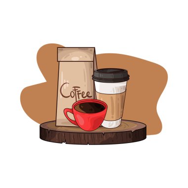 Kahve poşetinin yanına yerleştirilmiş kahve fincanı paketli fasulye veya öğütülmüş taze kahveyi sembolize ediyor..