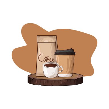 Kahve poşetinin yanına yerleştirilmiş kahve fincanı paketli fasulye veya öğütülmüş taze kahveyi sembolize ediyor..