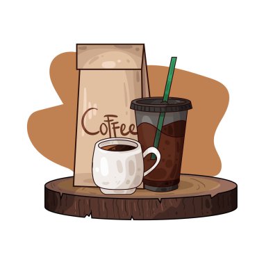 Kahve poşetinin yanına yerleştirilmiş kahve fincanı paketli fasulye veya öğütülmüş taze kahveyi sembolize ediyor..