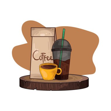Kahve poşetinin yanına yerleştirilmiş kahve fincanı paketli fasulye veya öğütülmüş taze kahveyi sembolize ediyor..