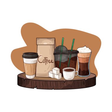 Kahve poşetinin yanına yerleştirilmiş kahve fincanı paketli fasulye veya öğütülmüş taze kahveyi sembolize ediyor..