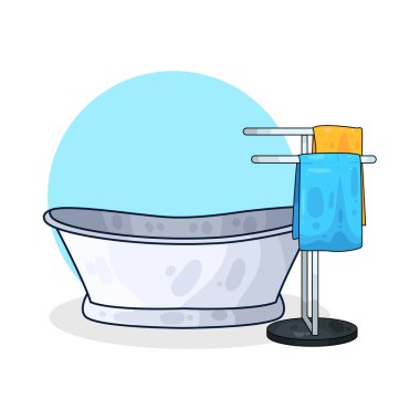 Yanında havlu asacağı olan bir küvet, temiz, katlanmış havlular..