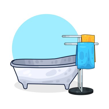 Yanında havlu asacağı olan bir küvet, temiz, katlanmış havlular..