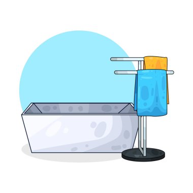 Yanında havlu asacağı olan bir küvet, temiz, katlanmış havlular..