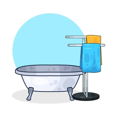 Yanında havlu asacağı olan bir küvet, temiz, katlanmış havlular..