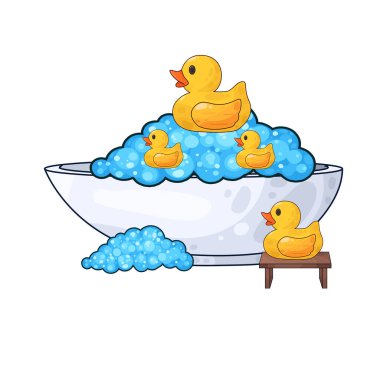 Su dolu bir küvet ve içinde yüzen sarı bir ördek..