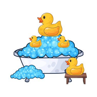 Su dolu bir küvet ve içinde yüzen sarı bir ördek..