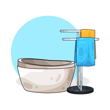 Yanında havlu asacağı olan bir küvet, temiz, katlanmış havlular..