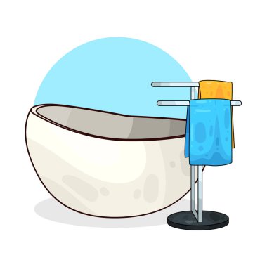 Yanında havlu asacağı olan bir küvet, temiz, katlanmış havlular..