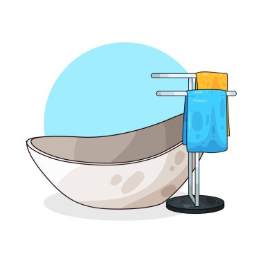 Yanında havlu asacağı olan bir küvet, temiz, katlanmış havlular..