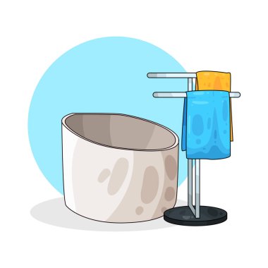 Yanında havlu asacağı olan bir küvet, temiz, katlanmış havlular..