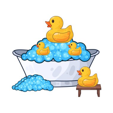 Su dolu bir küvet ve içinde yüzen sarı bir ördek..