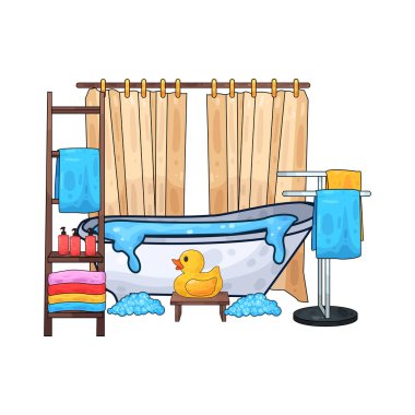 Banyo, küvet, lavabo ve diğer eşyalarla dolu..