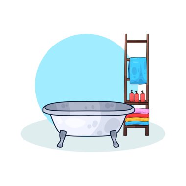 Banyo malzemeleriyle dolu bir deponun yanına yerleştirilmiş bir küvet..