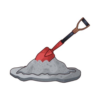 İnşaat alanındaki bir kum yığınına yerleştirilmiş bir kürek. İnşaatta kullanılmaya hazır..