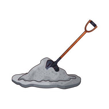 İnşaat alanındaki bir kum yığınına yerleştirilmiş bir kürek. İnşaatta kullanılmaya hazır..