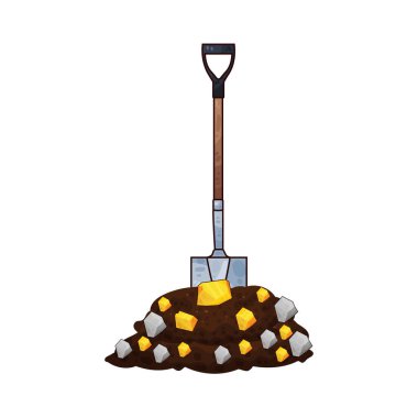 Bir kürek yeri kazıyor, altın parçalarını ortaya çıkarıyor, madenciliği ve hazine keşfini sembolize ediyor..