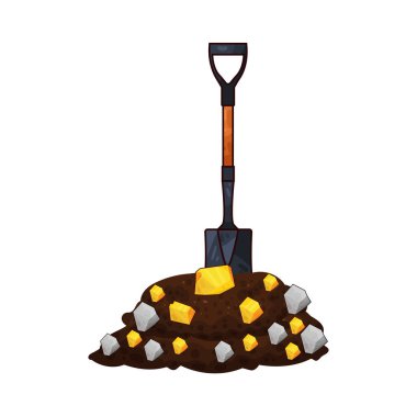 Bir kürek yeri kazıyor, altın parçalarını ortaya çıkarıyor, madenciliği ve hazine keşfini sembolize ediyor..