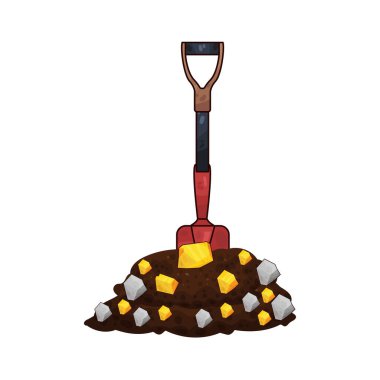 Bir kürek yeri kazıyor, altın parçalarını ortaya çıkarıyor, madenciliği ve hazine keşfini sembolize ediyor..