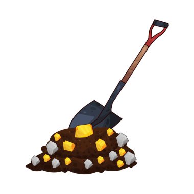 Bir kürek yeri kazıyor, altın parçalarını ortaya çıkarıyor, madenciliği ve hazine keşfini sembolize ediyor..