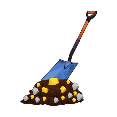 Bir kürek yeri kazıyor, altın parçalarını ortaya çıkarıyor, madenciliği ve hazine keşfini sembolize ediyor..