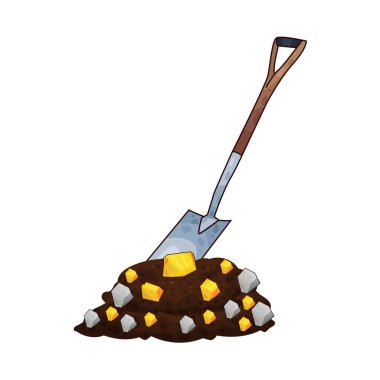 Bir kürek yeri kazıyor, altın parçalarını ortaya çıkarıyor, madenciliği ve hazine keşfini sembolize ediyor..