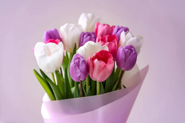 Pembe ya da mor ve beyaz buket ve mor arka planda lilak laleleri. Anneler günü, sevgililer günü, doğum günü kutlaması konsepti. Tebrik kartı. 