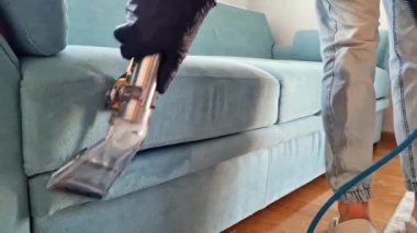 Temizlik konsepti. Adam odadaki kanepeyi temizliyor. Virüs önleme içeride dezenfekte ediliyor. Mobilya temizleme işlemi. Profesyonel kimyasal temizlik.